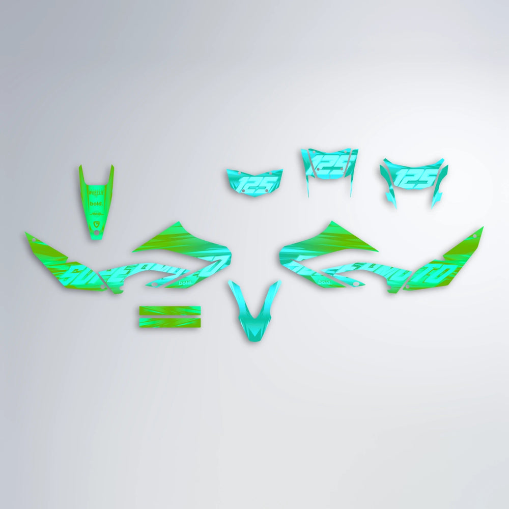 GEBEL V5 Yamaha WR 125X graphics kit parts layout in Cyan & Green