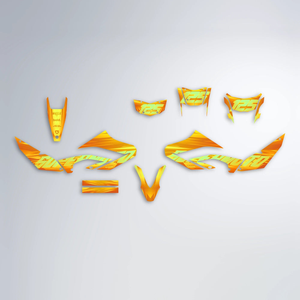 GEBEL V5 Yamaha WR 125X graphics kit parts layout in Orange & Yellow