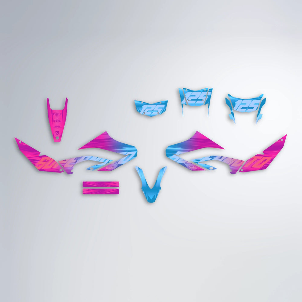 GEBEL V5 Yamaha WR 125X graphics kit parts layout in Pink & Light Blue