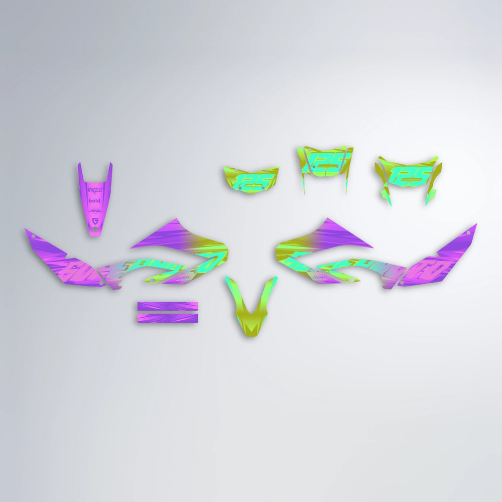 GEBEL V5 Yamaha WR 125X graphics kit parts layout in Purple & Yellow