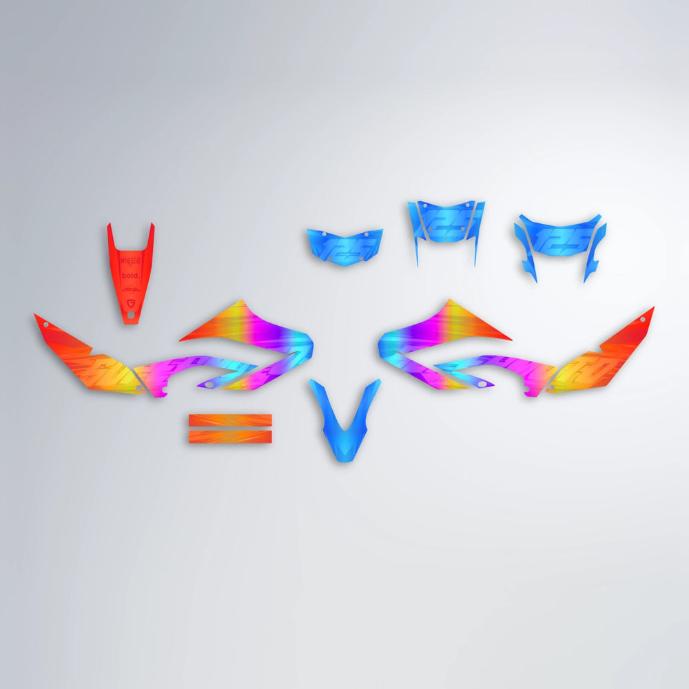 GEBEL V5 Yamaha WR 125X graphics kit parts layout in Sunset Fade
