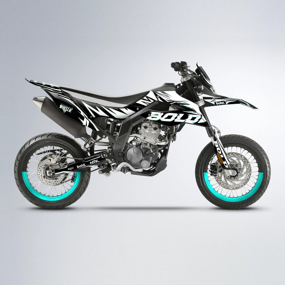 GLITCH Aprilia SX 125 supermoto graphics kit in Cyan & Green