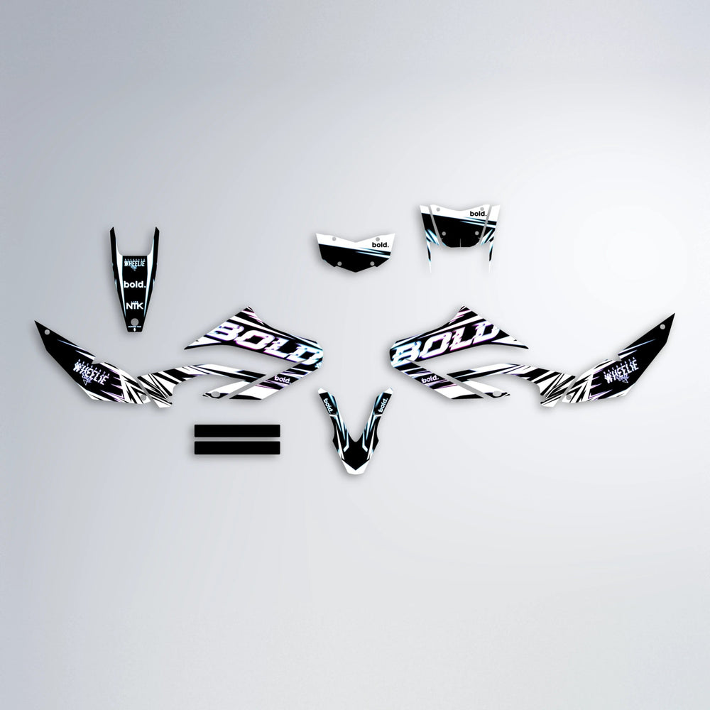 GLITCH Yamaha WR 125X graphics kit parts layout in Blue Purple Fade
