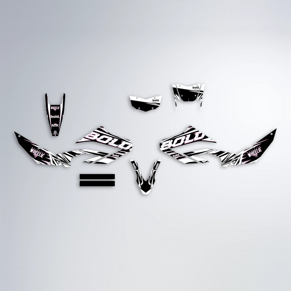 GLITCH Yamaha WR 125X graphics kit parts layout in Flamingo
