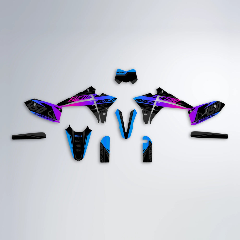 GLOBBY Fantic graphics kit parts layout in Blue Purple Fade
