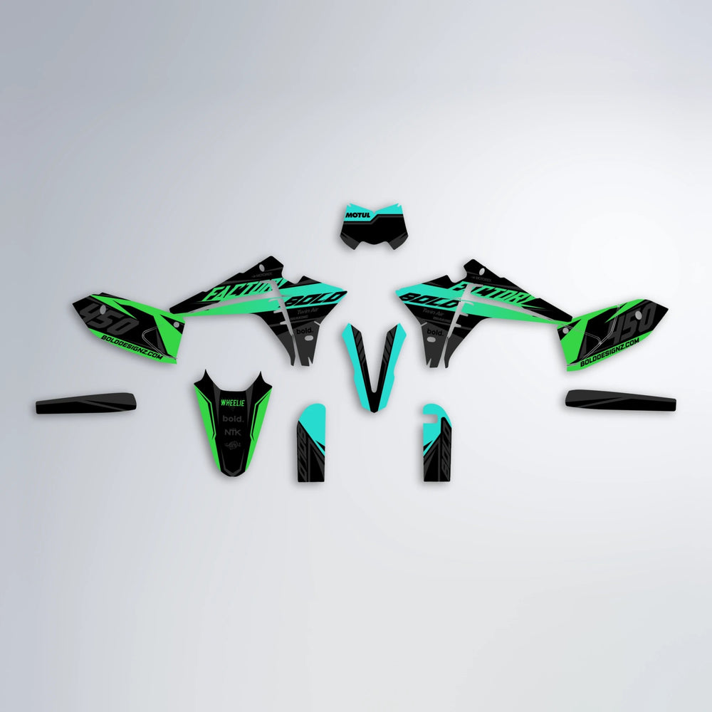 GLOBBY Fantic graphics kit parts layout in Cyan & Green