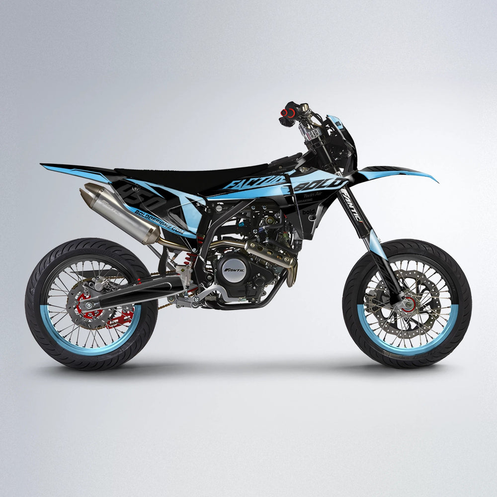 GLOBBY Fantic supermoto graphics kit in Light Blue & White