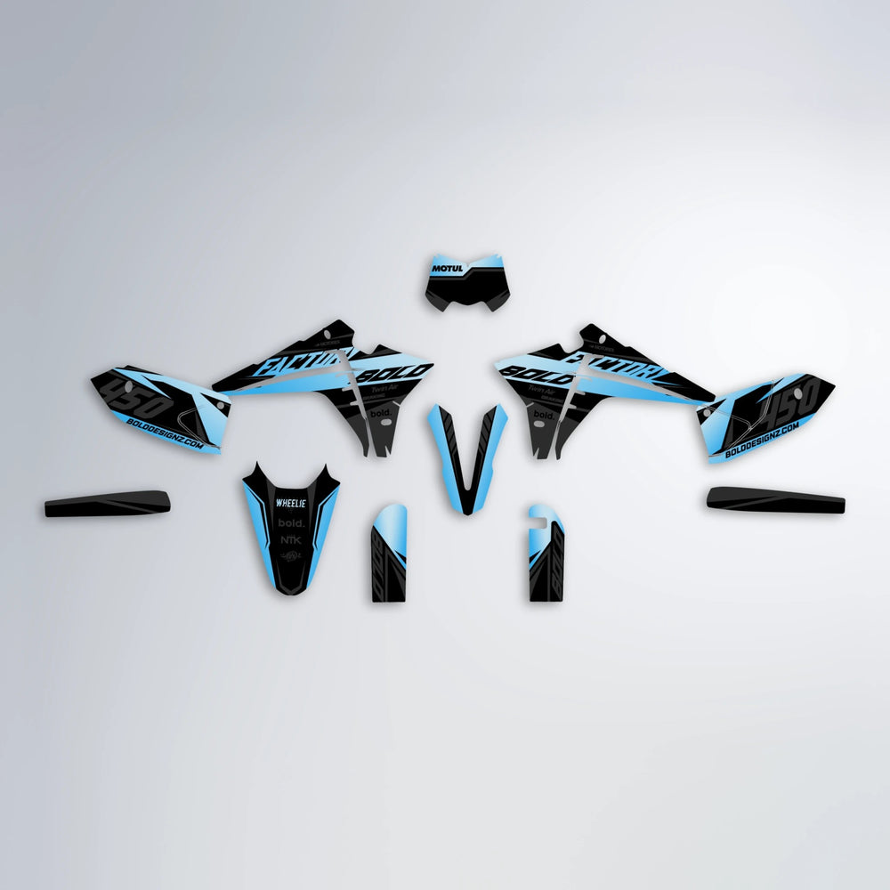 GLOBBY Fantic graphics kit parts layout in Light Blue & White