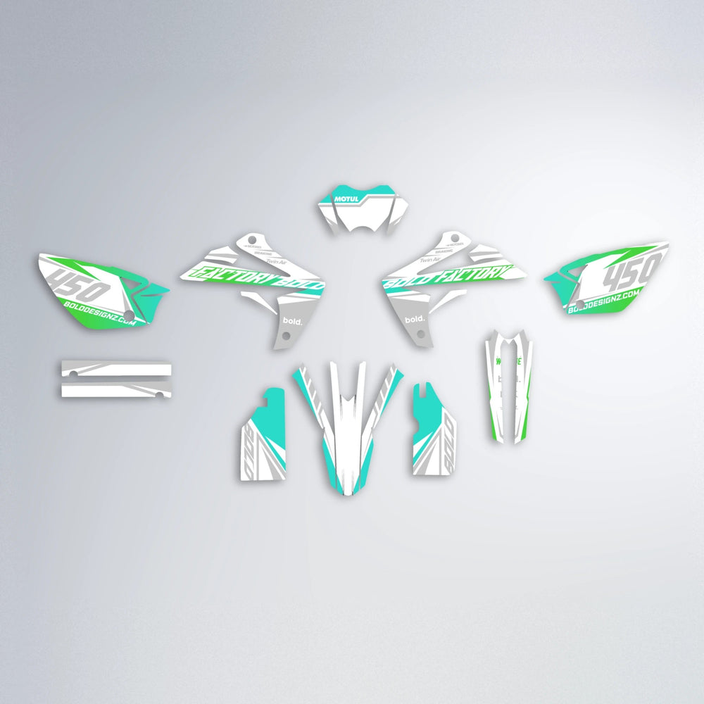 GLOBBY Rieju MRT graphics kit parts layout in Cyan & Green