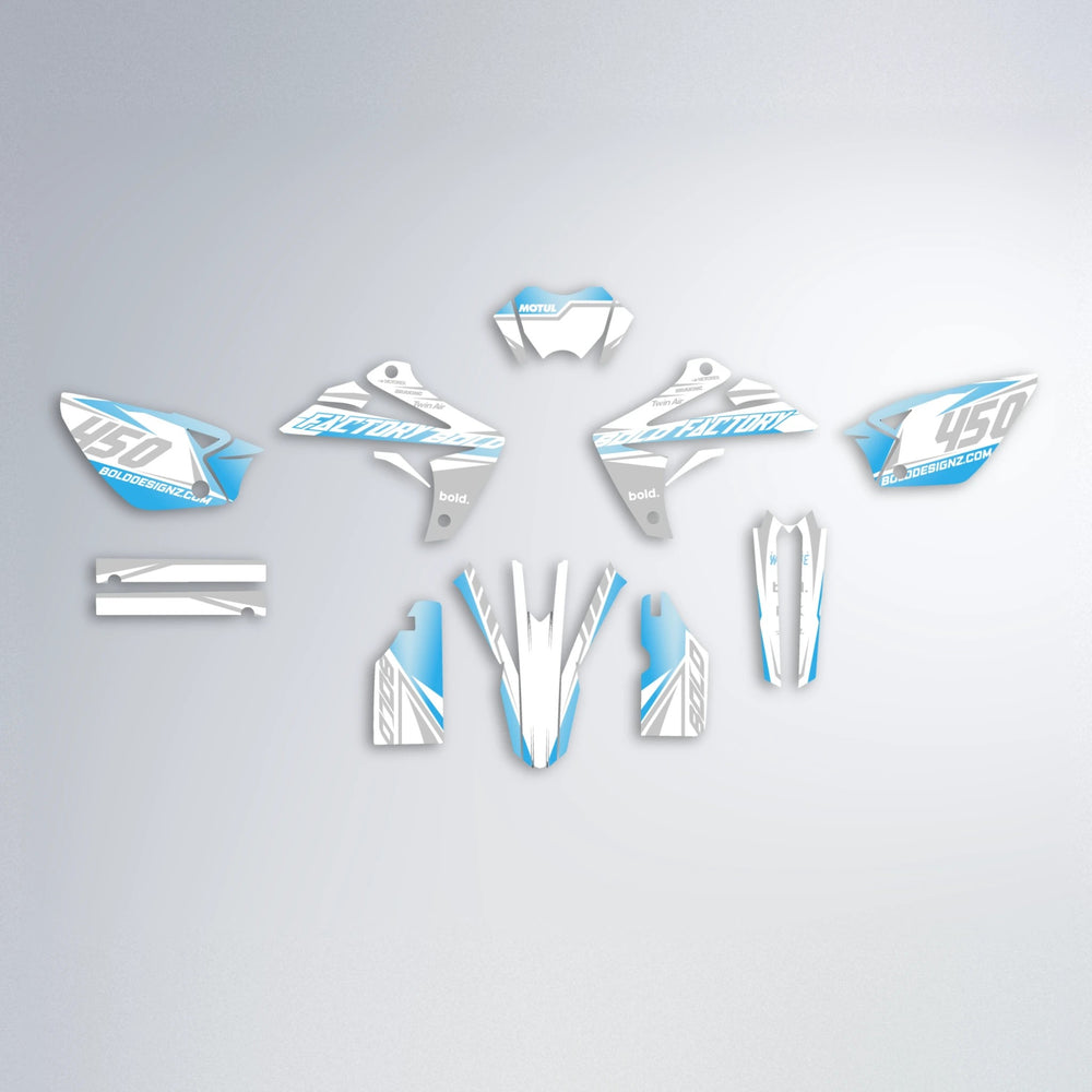 GLOBBY Rieju MRT graphics kit parts layout in Light Blue & White