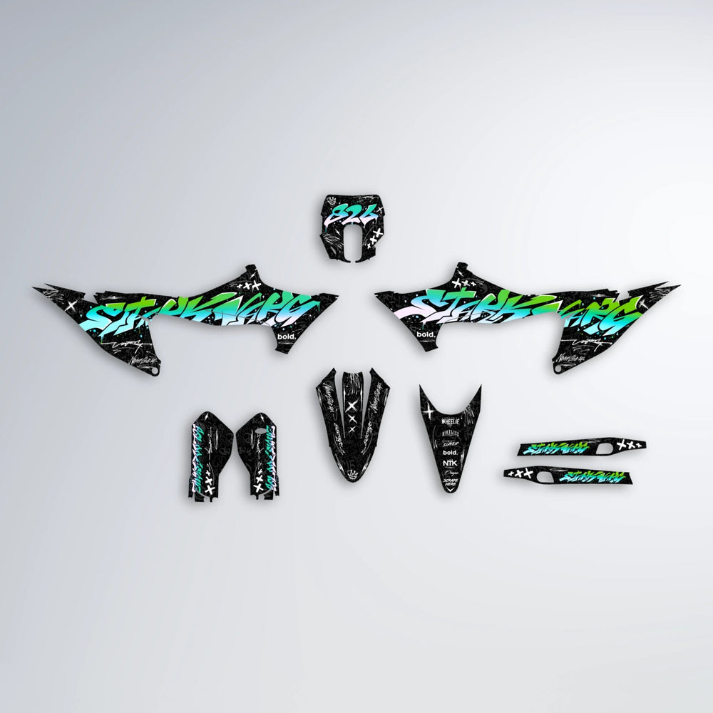 GRAFFITI Stark Varg MX graphics kit parts layout in Cyan & Green