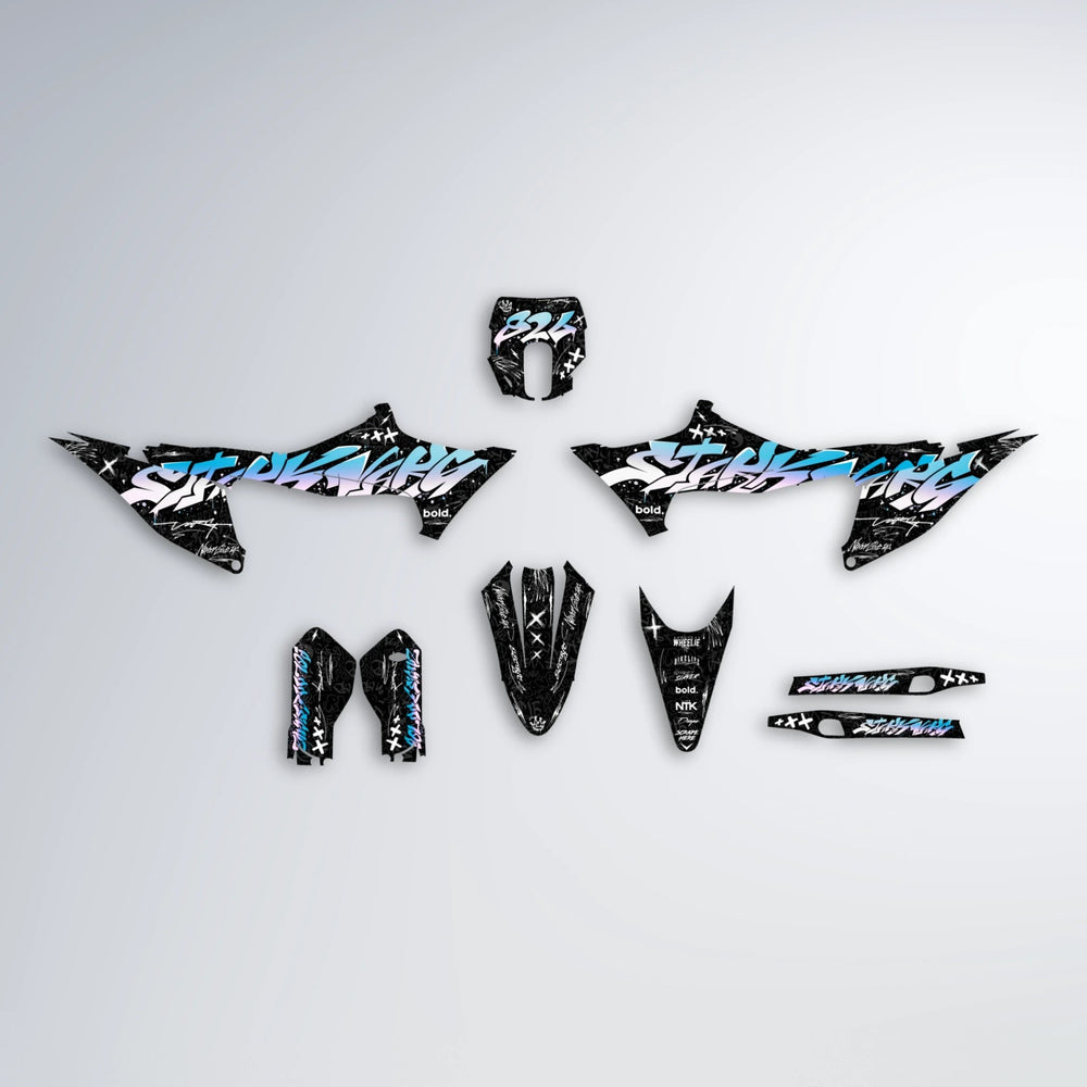 GRAFFITI Stark Varg MX graphics kit parts layout in Light Blue & White