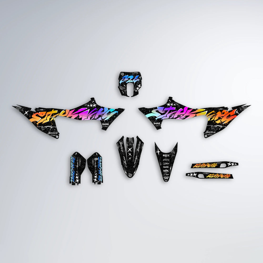 GRAFFITI Stark Varg MX graphics kit parts layout in Sunset Fade
