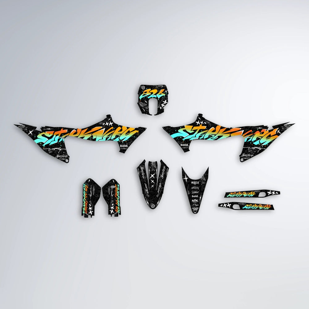 GRAFFITI Stark Varg SM graphics kit parts layout in Orange & Yellow
