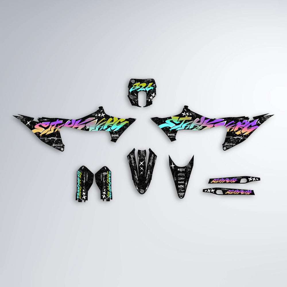 GRAFFITI Stark Varg SM graphics kit parts layout in Purple & Yellow