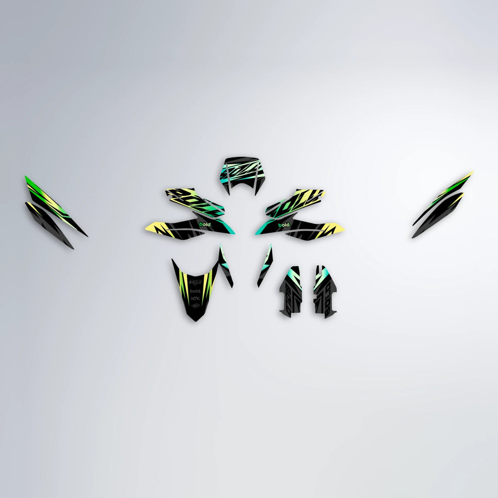 HAZE Aprilia SX 125 graphics kit parts layout in Cyan & Green
