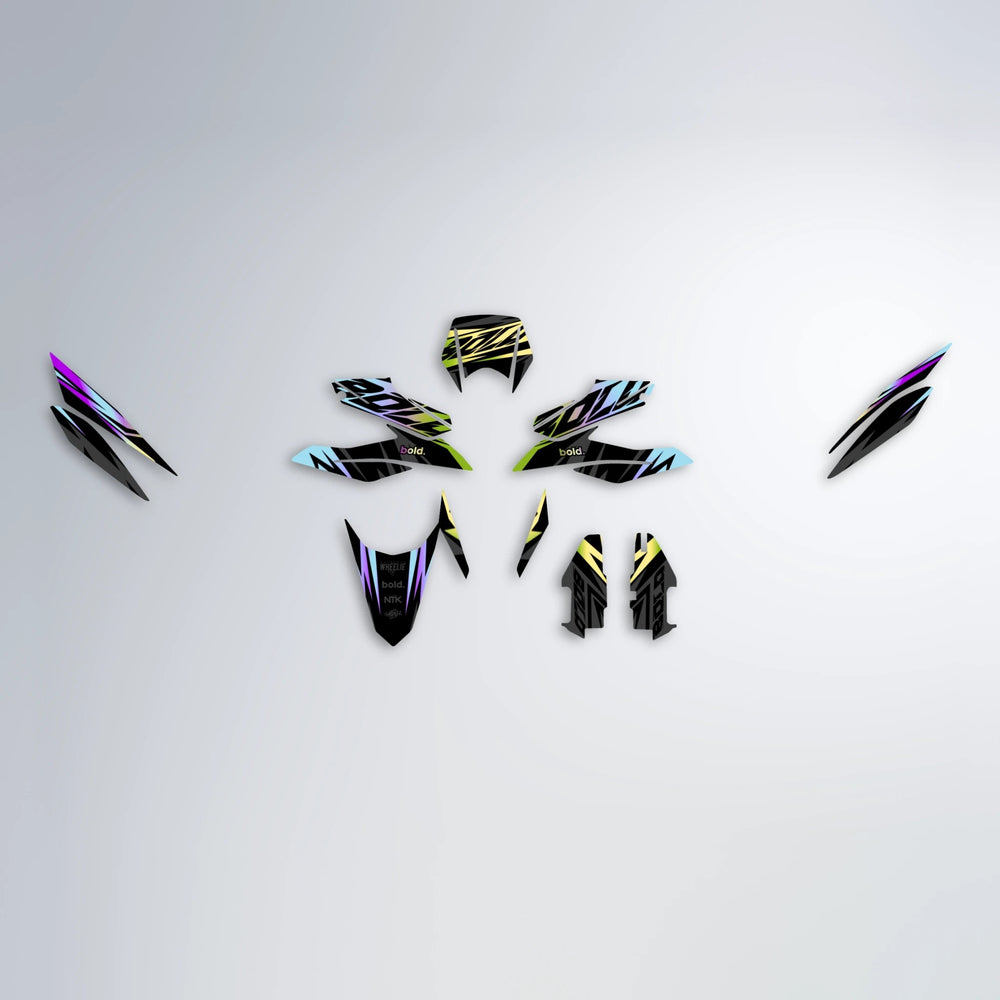 HAZE Aprilia SX 125 graphics kit parts layout in Purple & Yellow