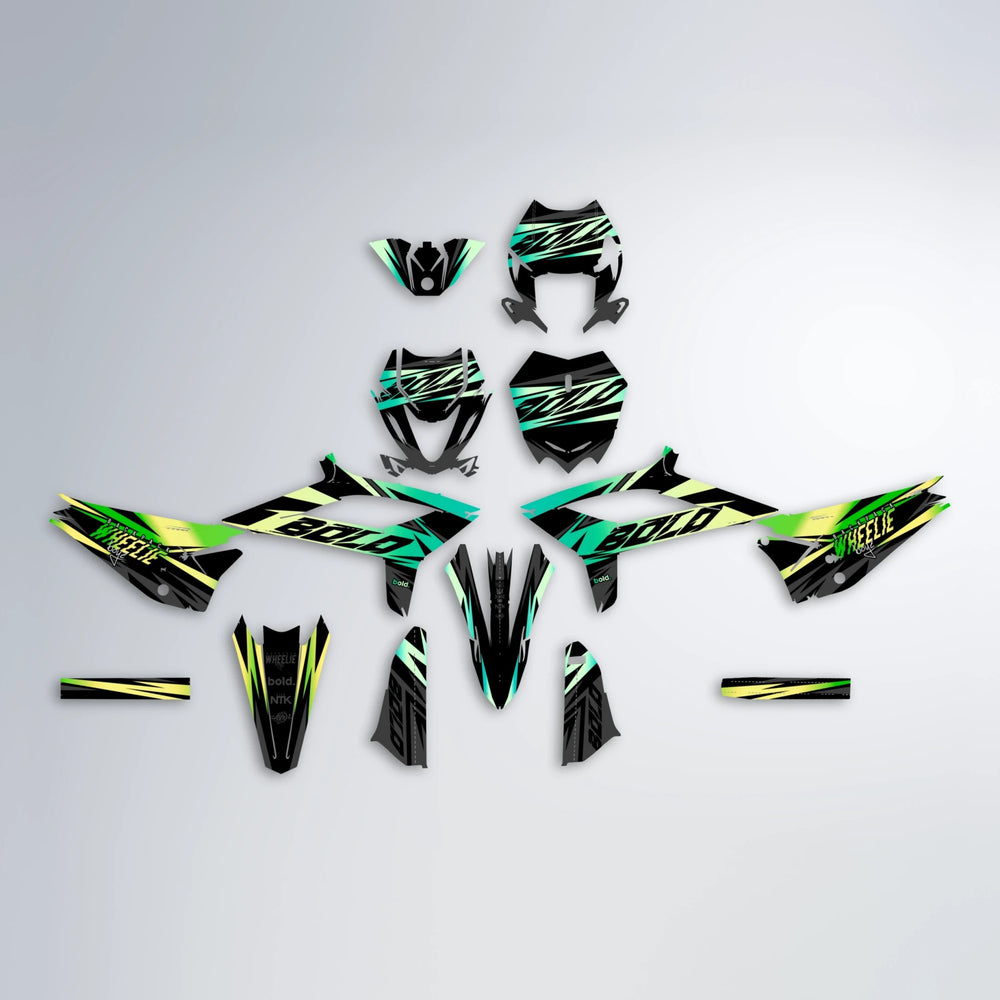 HAZE Beta graphics kit parts layout in Cyan & Green