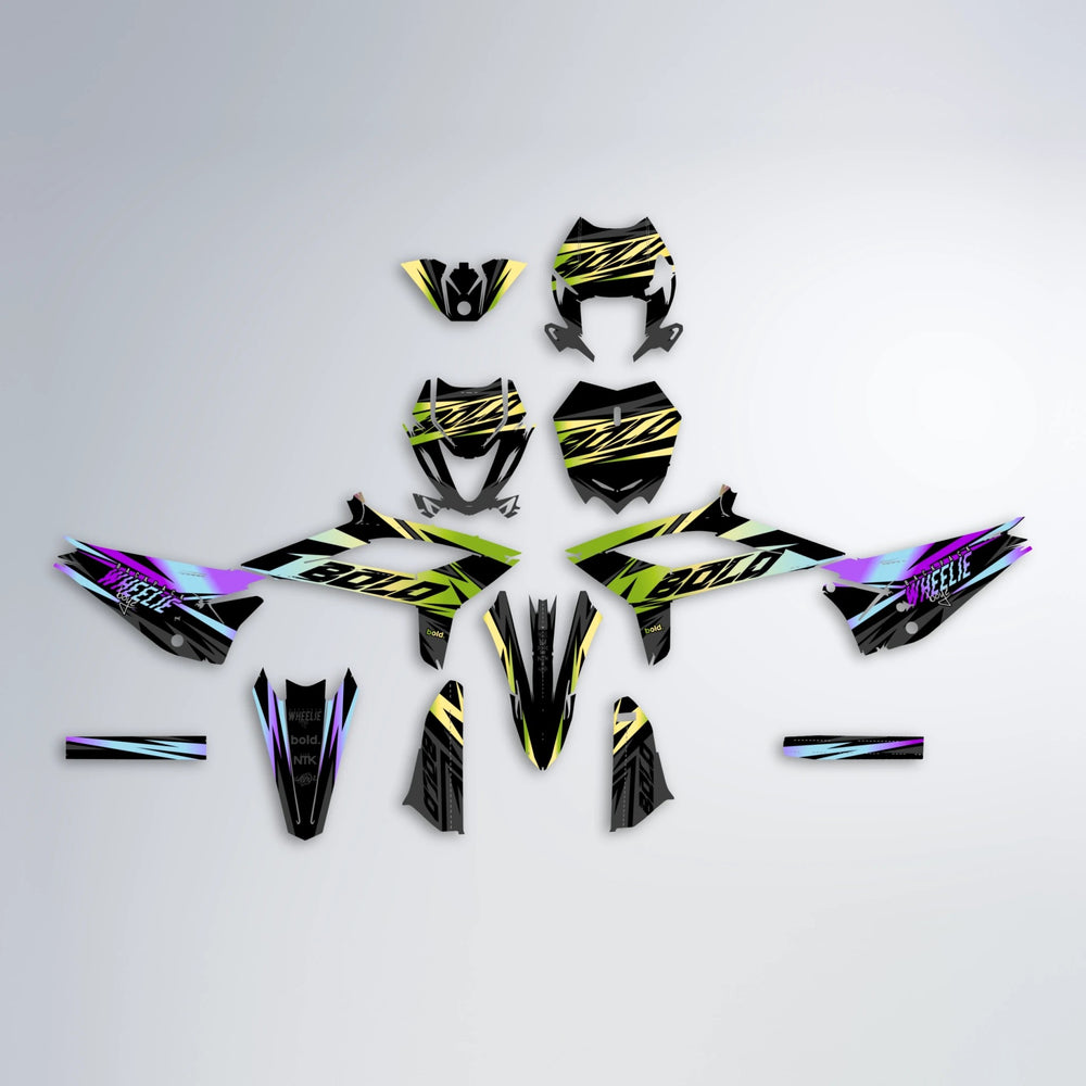 HAZE Beta graphics kit parts layout in Purple & Yellow