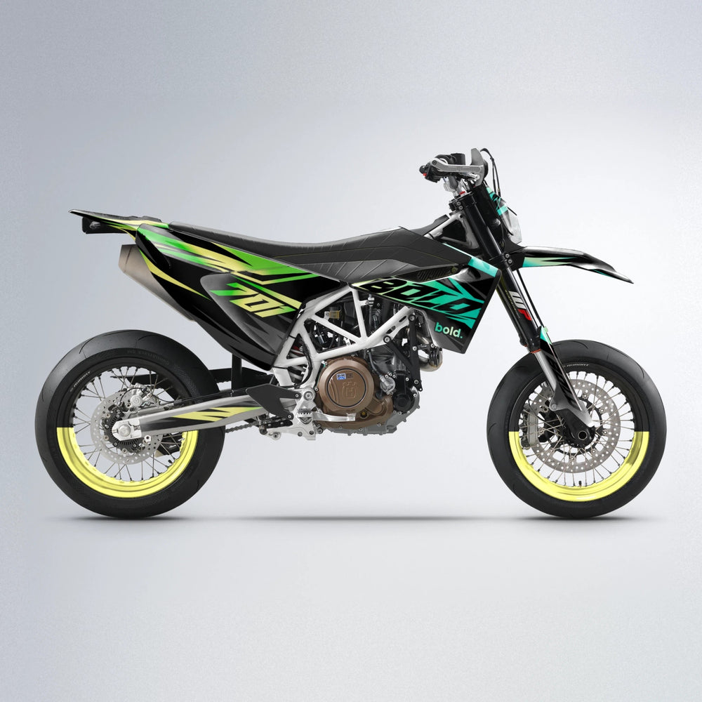 HAZE Husqvarna 701 supermoto graphics kit in Cyan & Green
