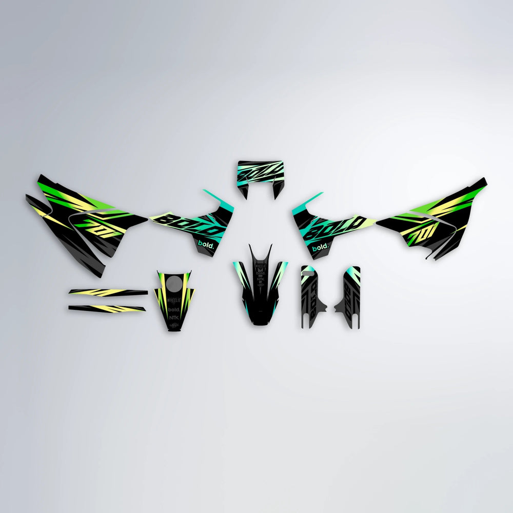 HAZE Husqvarna 701 graphics kit parts layout in Cyan & Green