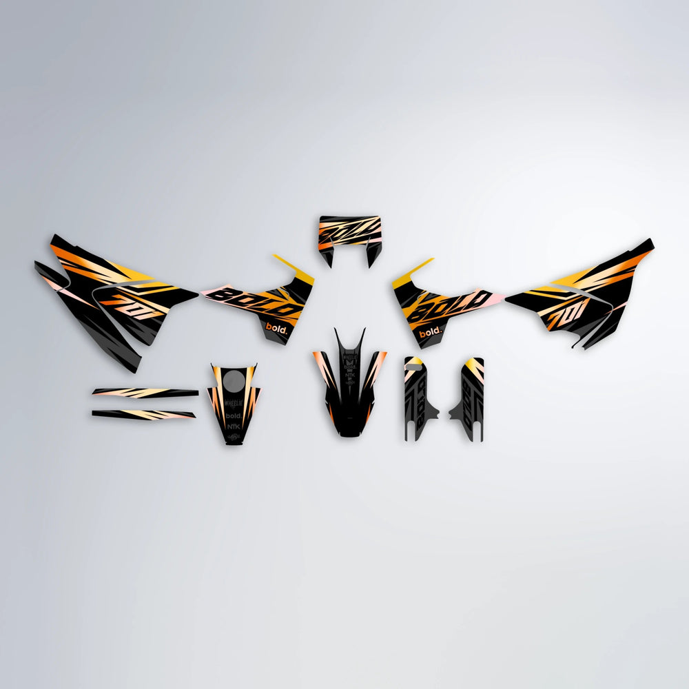 HAZE Husqvarna 701 graphics kit parts layout in Orange & Yellow