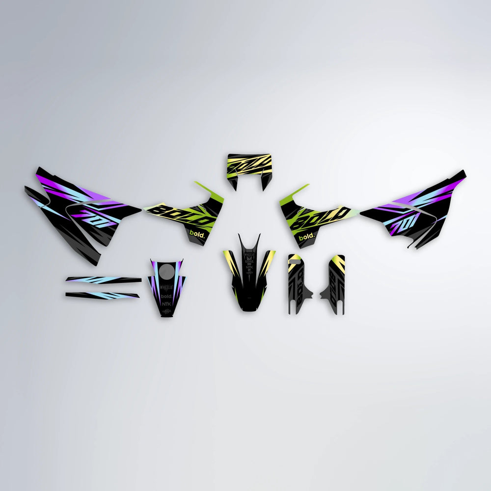 HAZE Husqvarna 701 graphics kit parts layout in Purple & Yellow
