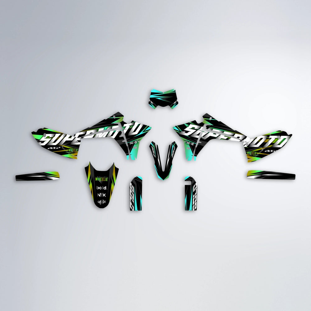HOLYHANSI Fantic graphics kit parts layout in Cyan & Green