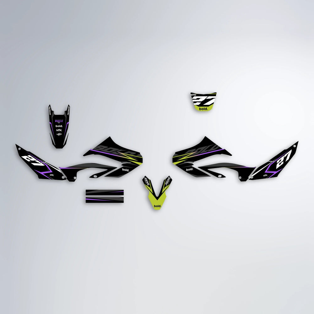 HORIZON Yamaha WR 125X graphics kit parts layout in Purple & Yellow