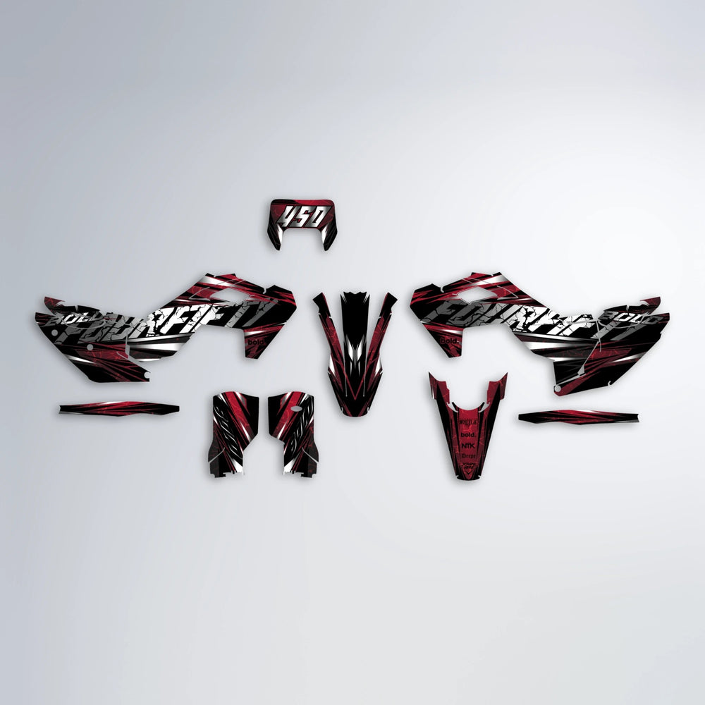 HYPER Husqvarna FE/TE graphics kit parts layout in Black & Red