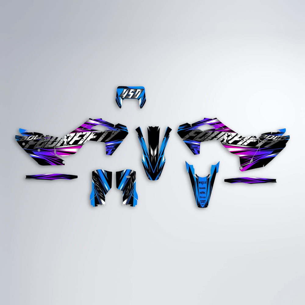 HYPER Husqvarna FE/TE graphics kit parts layout in Blue Purple Fade