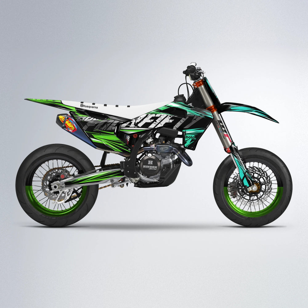 HYPER Husqvarna FE/TE supermoto graphics kit in Cyan & Green