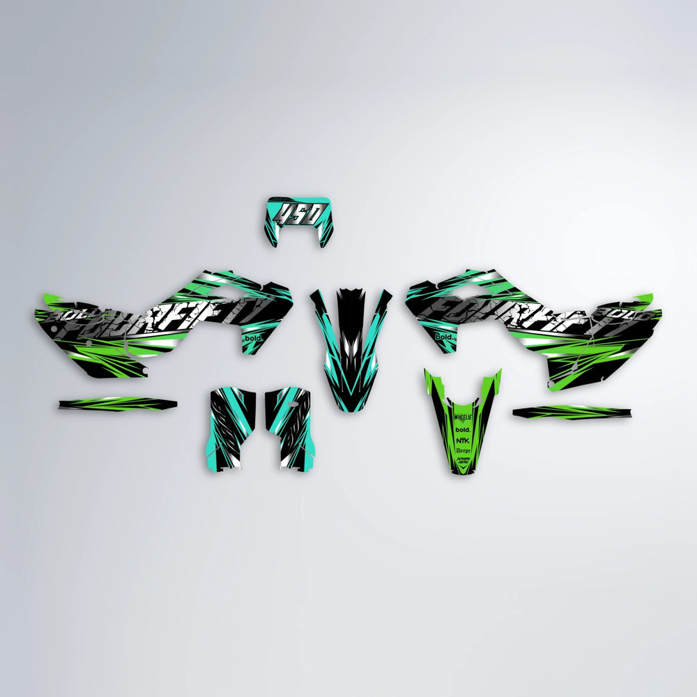 HYPER Husqvarna FE/TE graphics kit parts layout in Cyan & Green