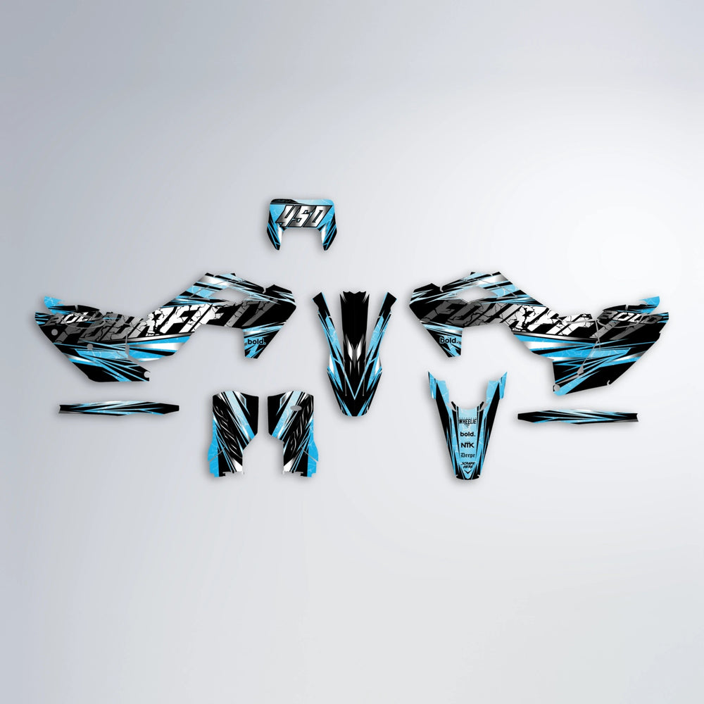 HYPER Husqvarna FE/TE graphics kit parts layout in Light Blue & White