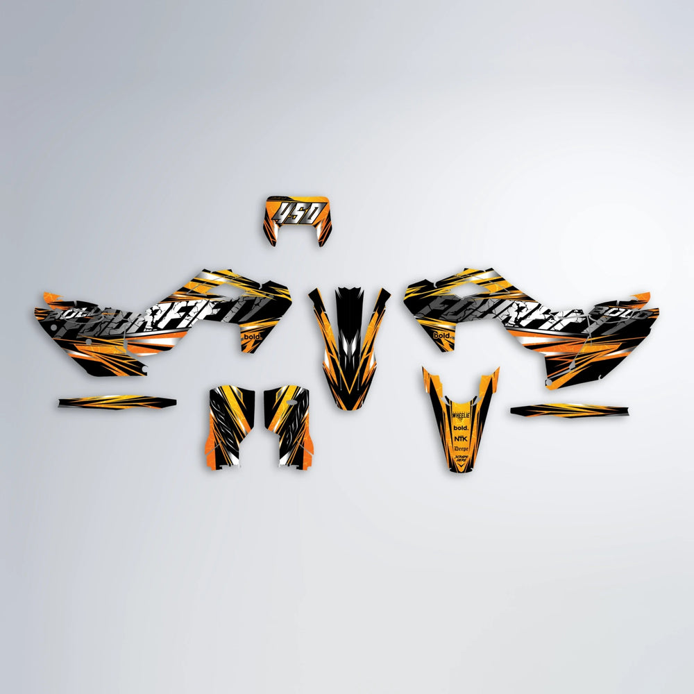 HYPER Husqvarna FE/TE graphics kit parts layout in Orange & Yellow