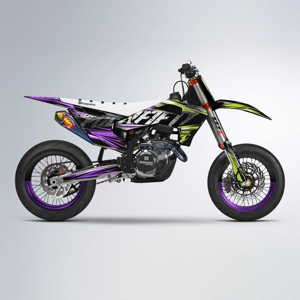 HYPER Husqvarna FE/TE supermoto graphics kit in Purple & Yellow