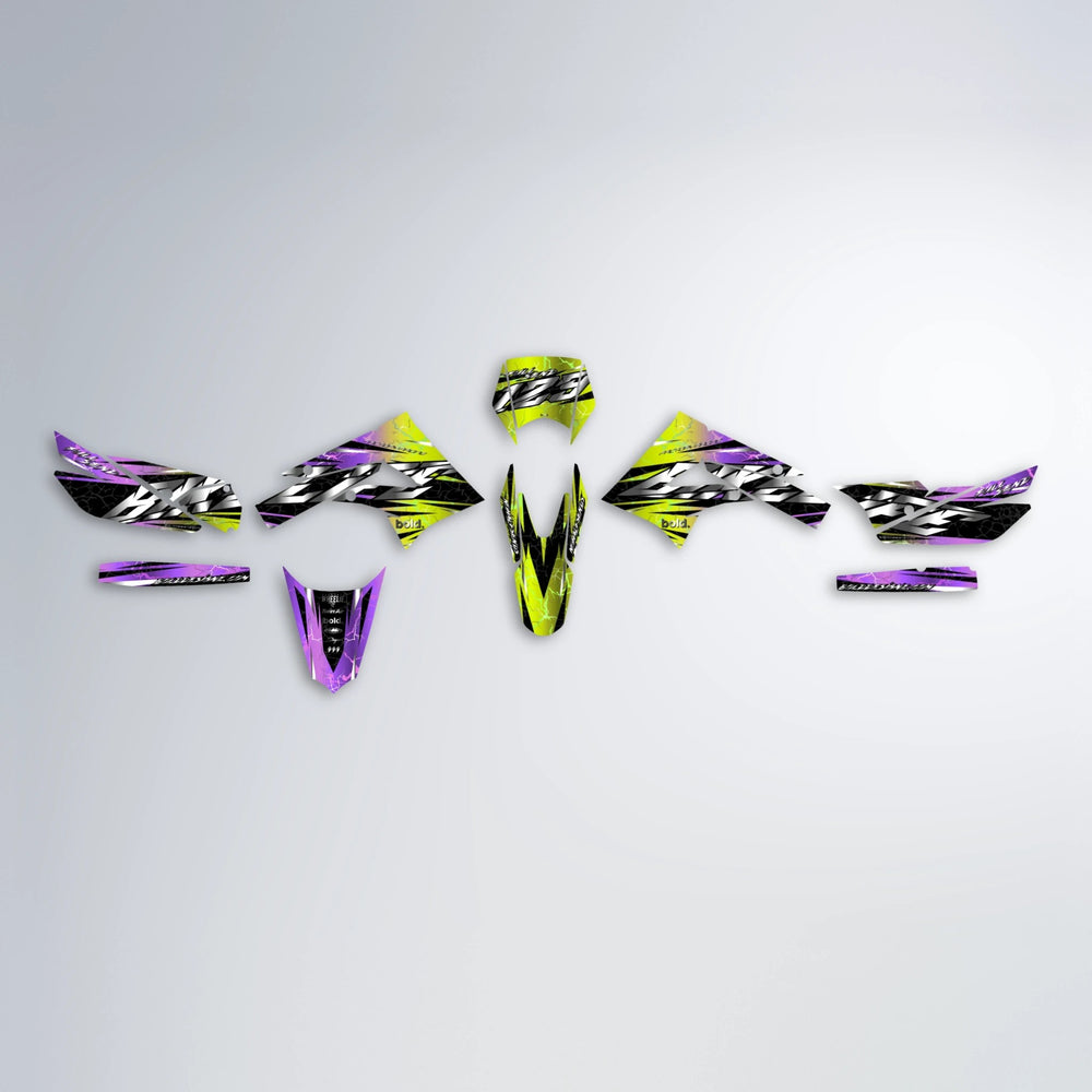 ILLUSION Derbi Senda graphics kit parts layout in Purple & Yellow