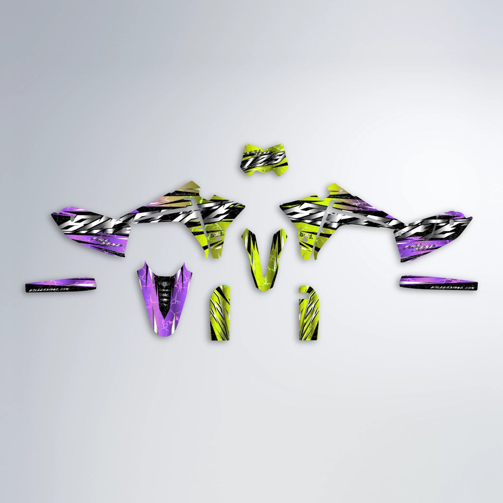 ILLUSION Fantic graphics kit parts layout in Purple & Yellow