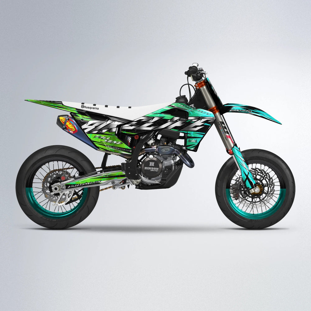 ILLUSION Husqvarna FE/TE supermoto graphics kit in Cyan & Green