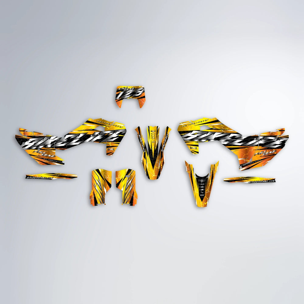 ILLUSION Husqvarna FE/TE graphics kit parts layout in Orange & Yellow