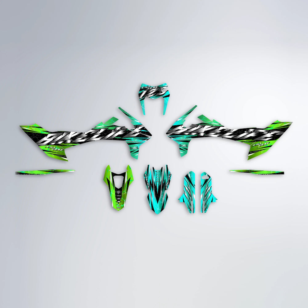 ILLUSION KTM SMC 690 graphics kit parts layout in Cyan & Green