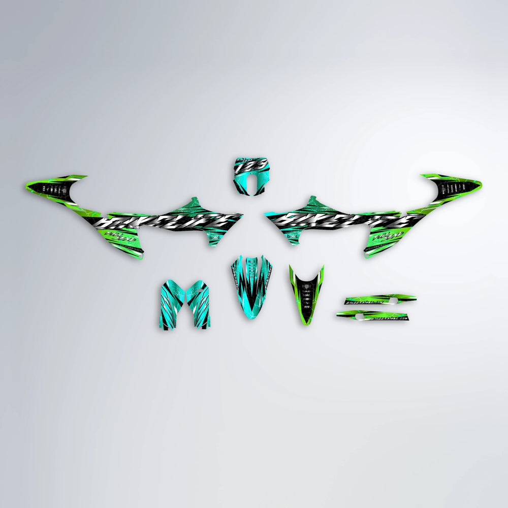 ILLUSION Stark Varg MX graphics kit parts layout in Cyan & Green
