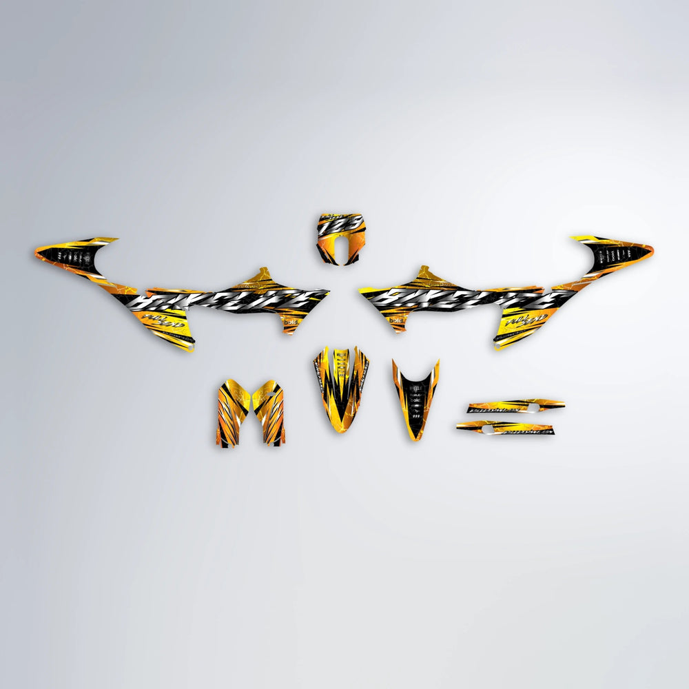 ILLUSION Stark Varg MX graphics kit parts layout in Orange & Yellow