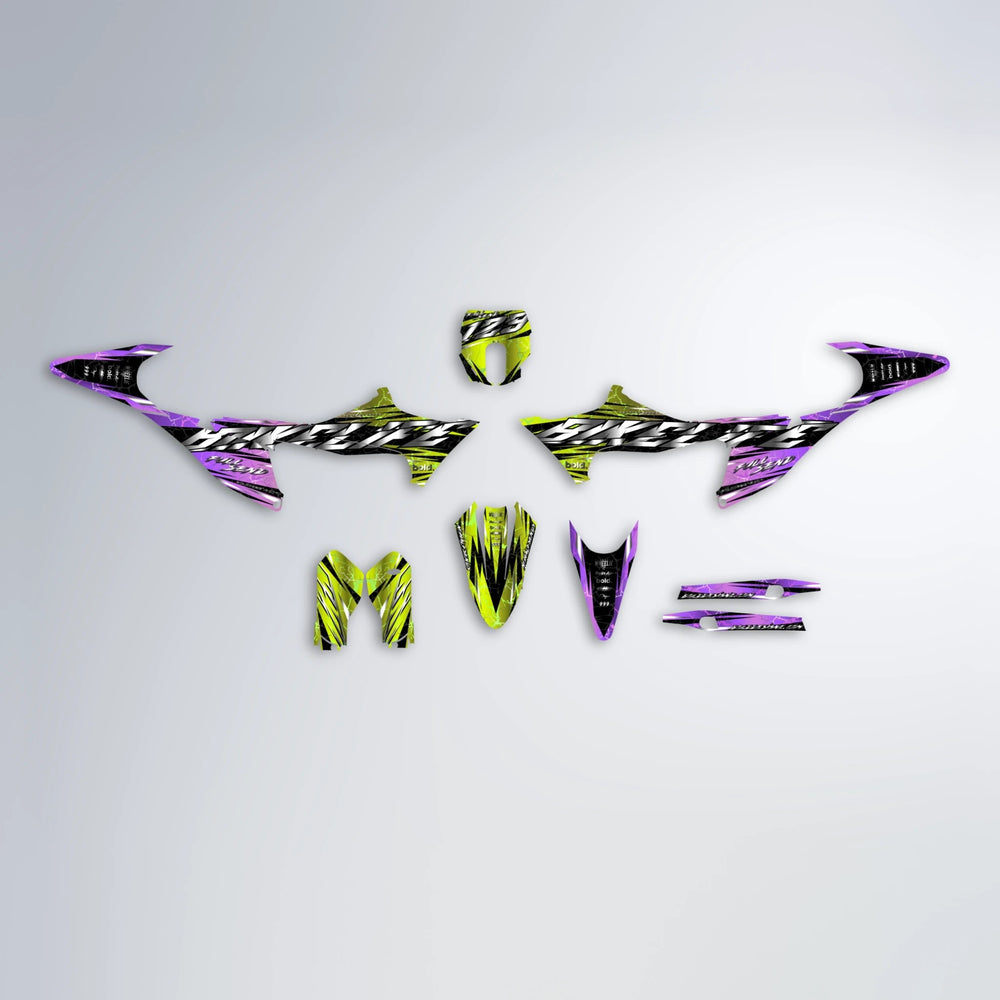ILLUSION Stark Varg MX graphics kit parts layout in Purple & Yellow