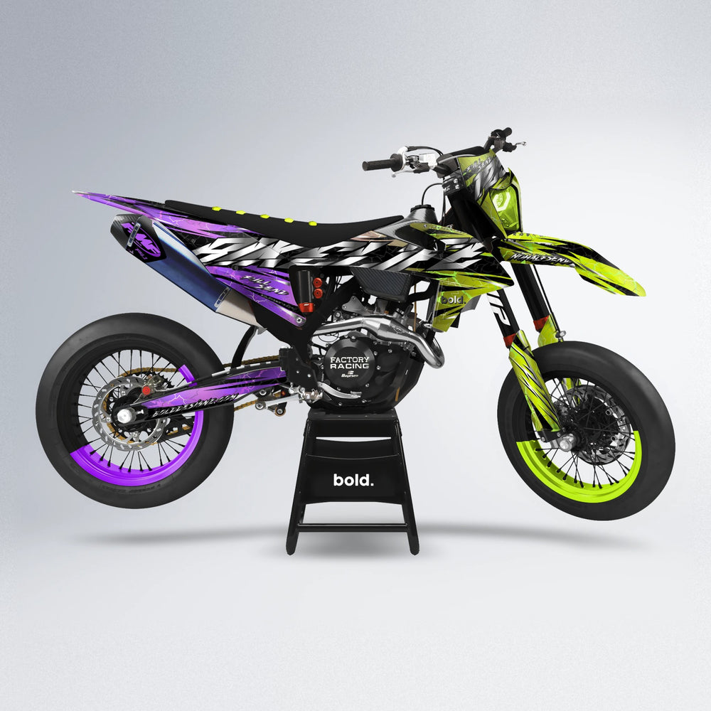 ILLUSION supermoto graphics kit in Purple & Fluo Yellow