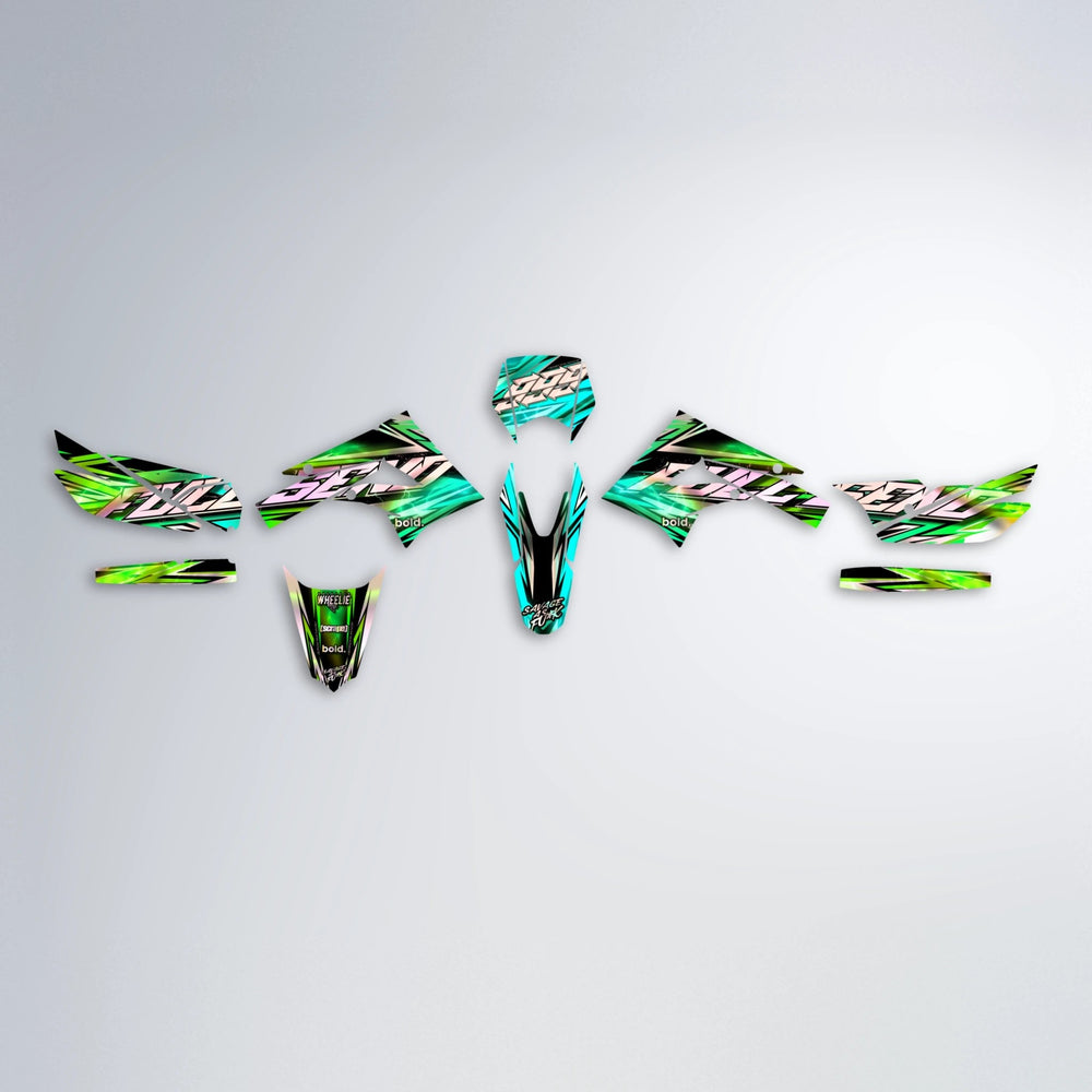 INFERNO Derbi Senda graphics kit parts layout in Cyan & Green