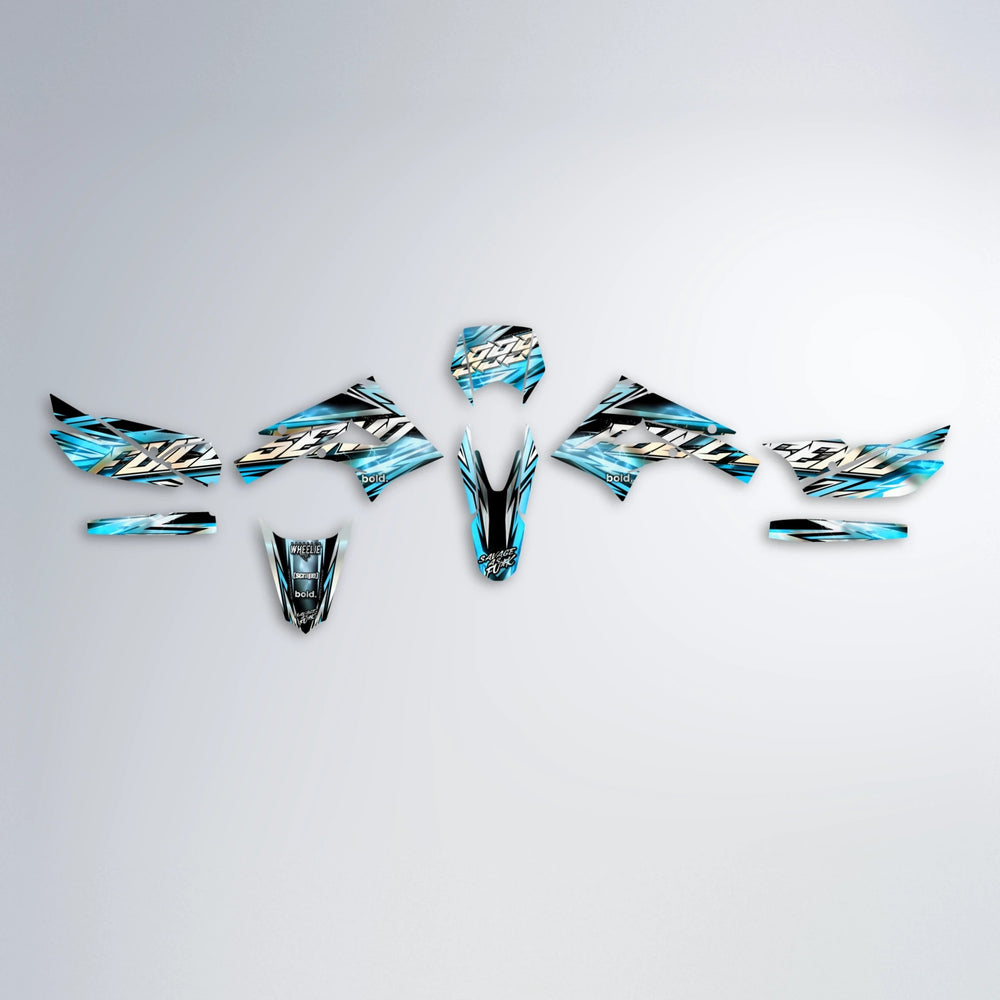 INFERNO Derbi Senda graphics kit parts layout in Light Blue & White