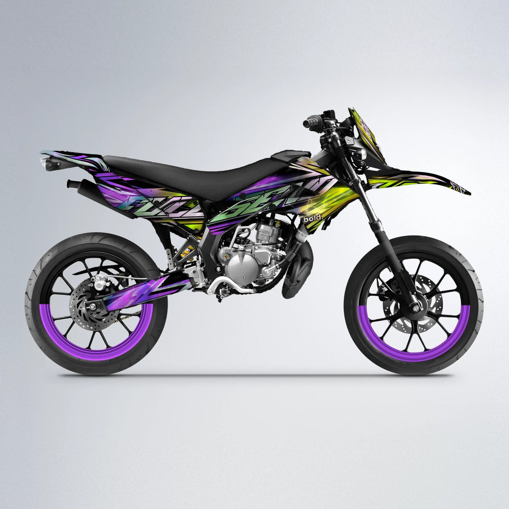 INFERNO Derbi Senda supermoto graphics kit in Purple & Yellow