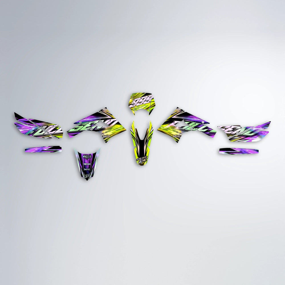 INFERNO Derbi Senda graphics kit parts layout in Purple & Yellow