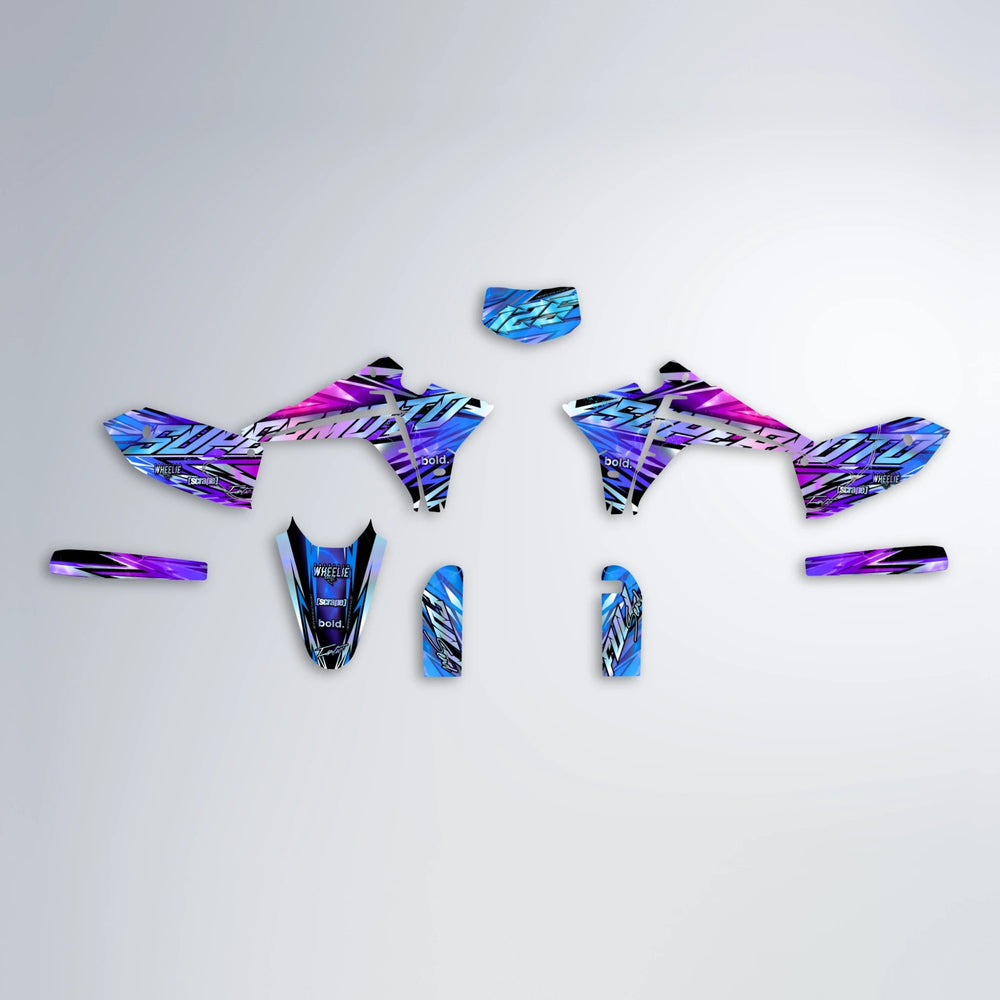 INFERNO Fantic graphics kit parts layout in Blue Purple Fade